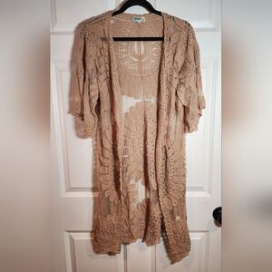 Rebellion Again Boho Tan Lace Mesh Sheer Kimono Cardigan Has Small Tear M